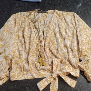 Zara Mustard/Golden Floral Wrap Blouse With Wrap Around Tie